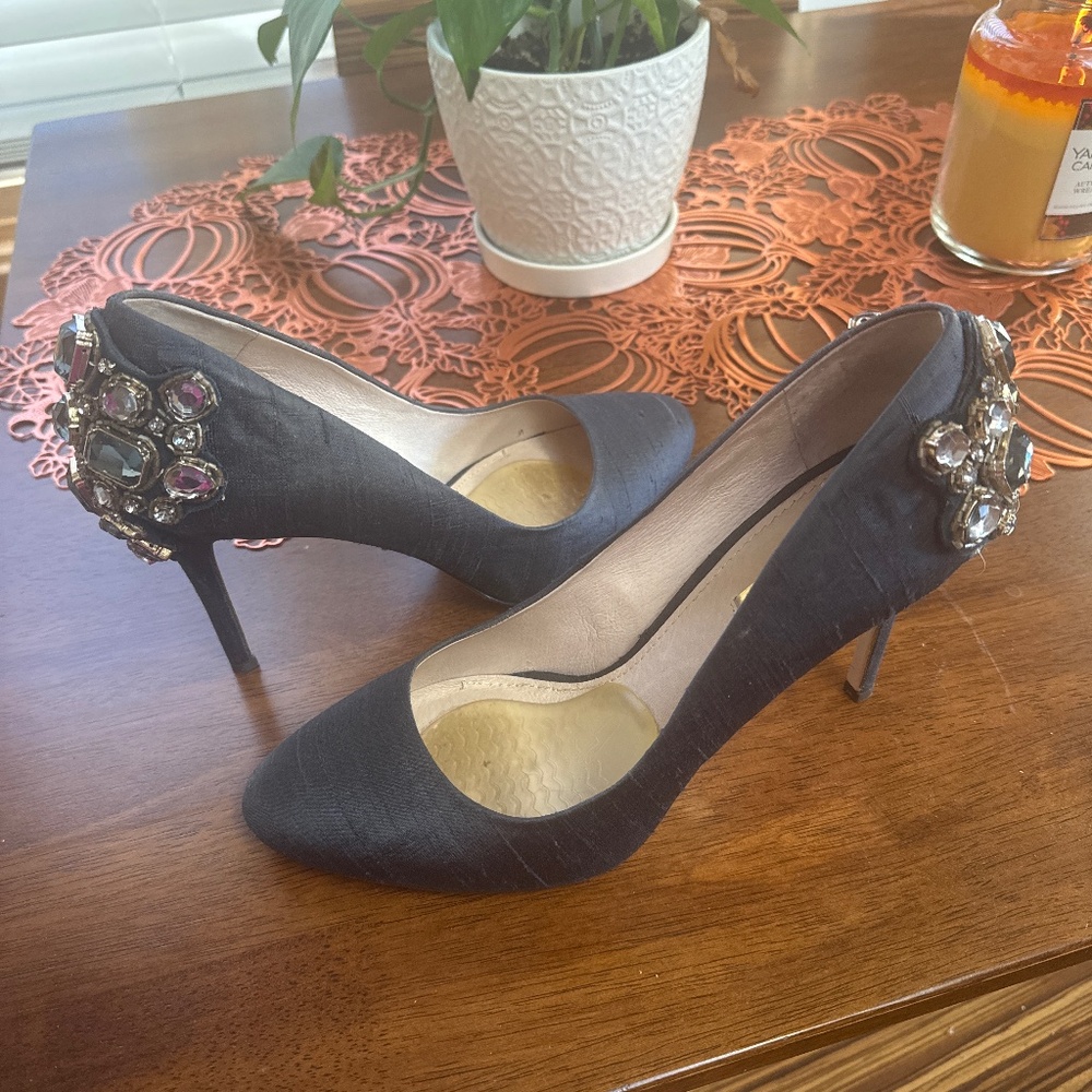 Louise et Cie navy blue brushed satin shoes with embellished heel